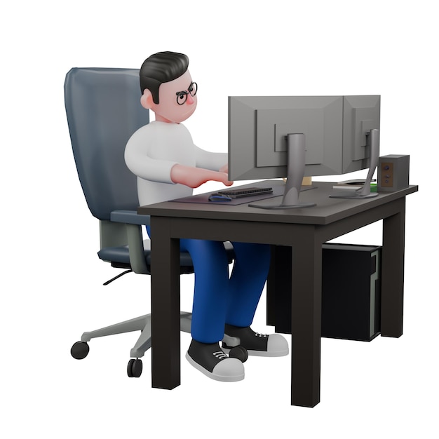 Un editore video maschio si siede davanti a un computer su una scrivania con entrambe le mani che scrivono sulla tastiera