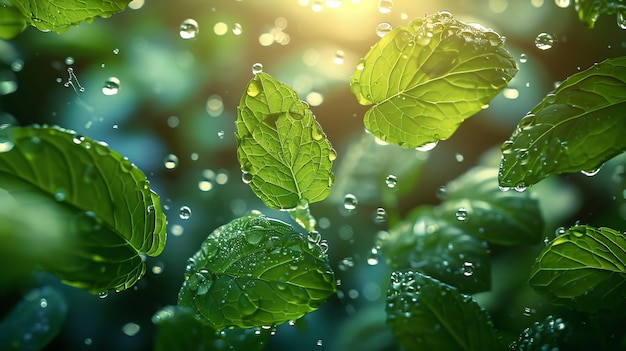 Un effetto leggero flusso d'aria fresca e bolle di menta sapone schiuma con menta volante lascia un elemento di un detergente e un potente scudo o campo di forza