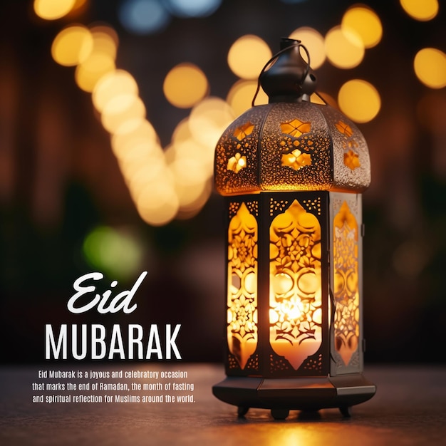 Un eid mubarak viene visualizzato in una stanza buia con una lampada al centro.