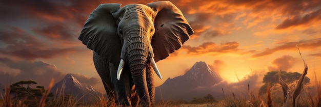 Un elefante africano adulto nelle pianure al tramonto con un panorama di illuminazione drammatica