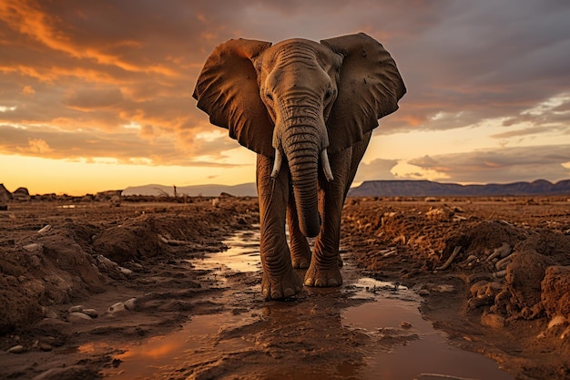 Un elefante africano adulto nelle pianure al tramonto