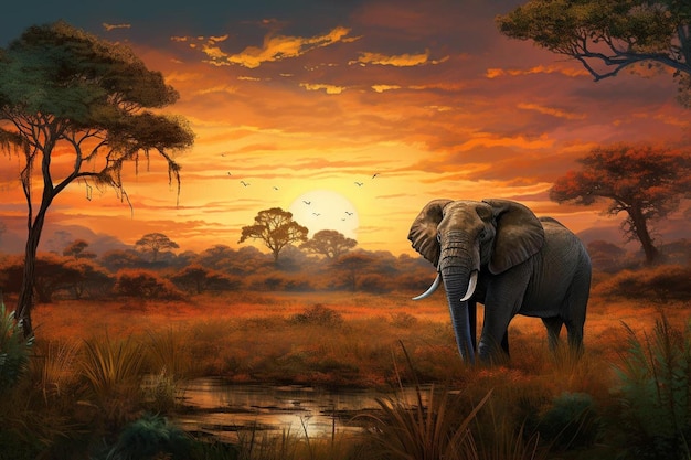 Un elefante al tramonto con la luna sullo sfondo