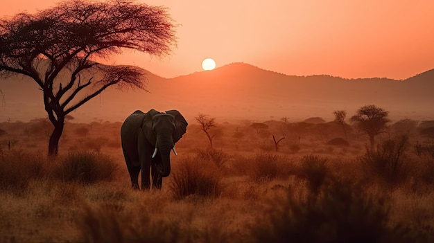 Un elefante che cammina nel deserto al tramonto Generative Ai