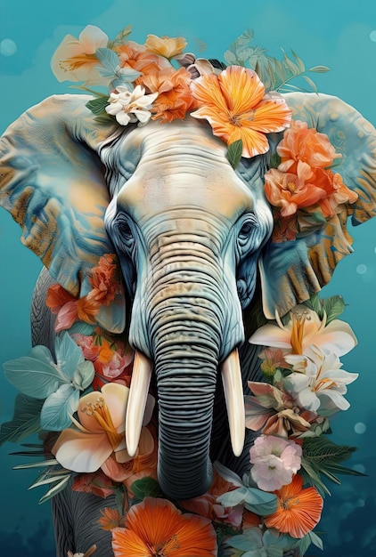 un elefante con fiori in bocca in stile collage onirico