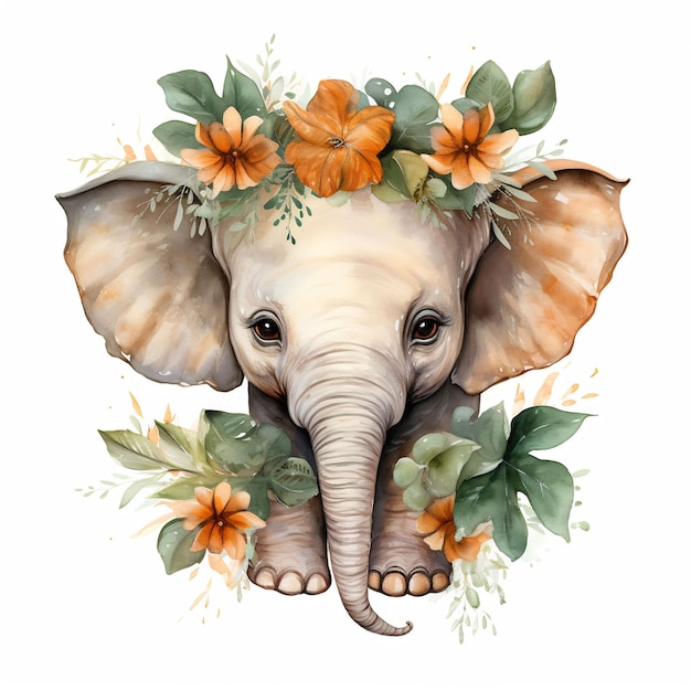 un elefante con fiori sulla testa e la parola elefante sopra
