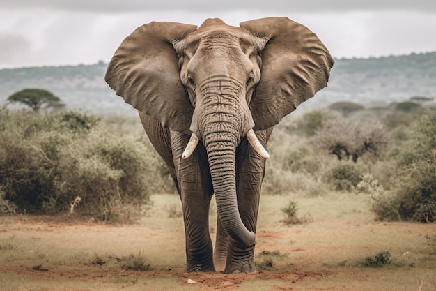 Un elefante con grandi orecchie cammina attraverso un campo.