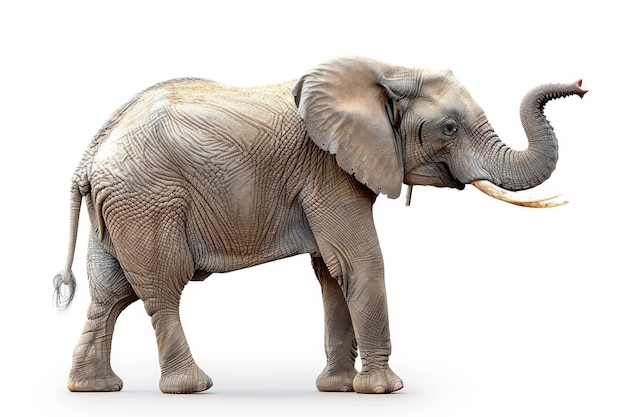 Un elefante con la tromba sollevata isolato su uno sfondo bianco