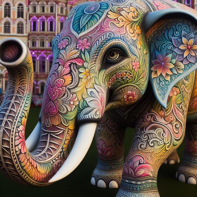 un elefante con motivi intricati sulla sua faccia e tronco dipinto in