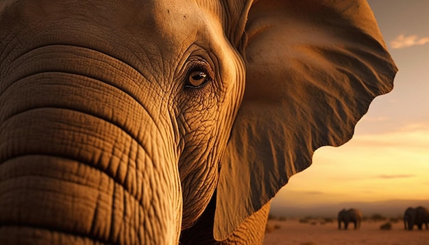 Un elefante con un tramonto sullo sfondo