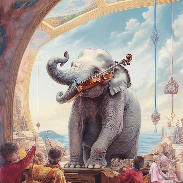 Un elefante con un violino sulla schiena
