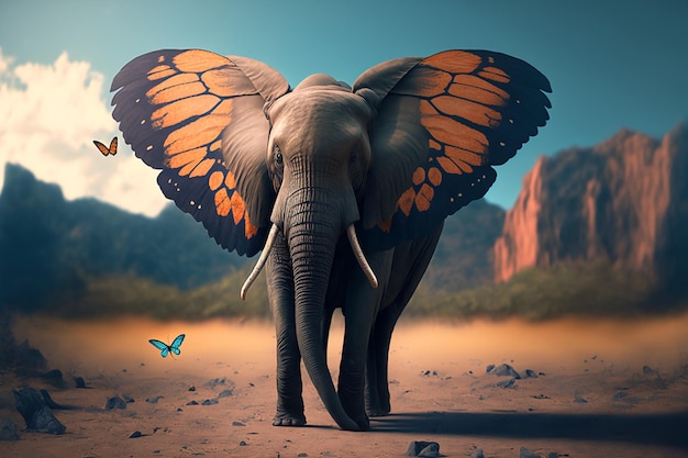 Un elefante con una farfalla sulle ali è in piedi nel deserto.