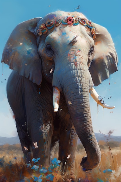 Un elefante con una vernice sulla proboscide cammina nell'erba.