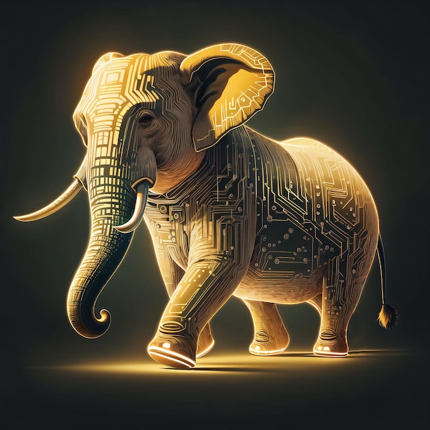 Un elefante d'oro con un circuito stampato sul dorso.