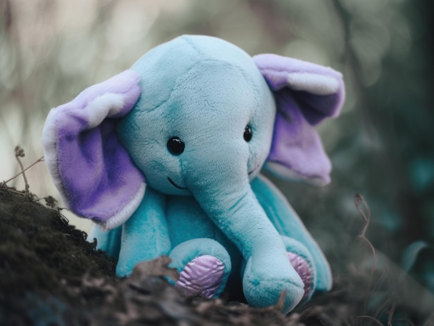 Un elefante di peluche blu seduto sopra un mucchio di foglie immagine generativa ai