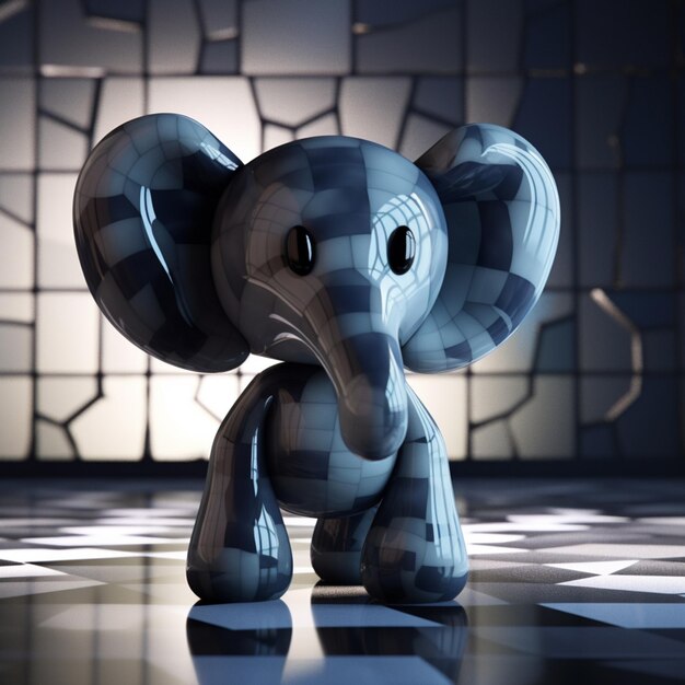 Un elefante giocattolo con pavimento a scacchi bianchi e neri.