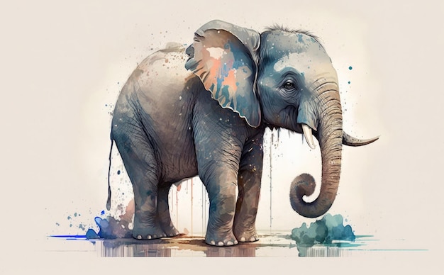 Un elefante in acquerello con una macchia di vernice blu e arancione. illustrazioni per bambini generate ai