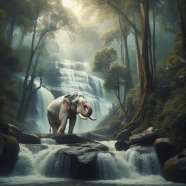 un elefante in piedi su una roccia di fronte a una cascata