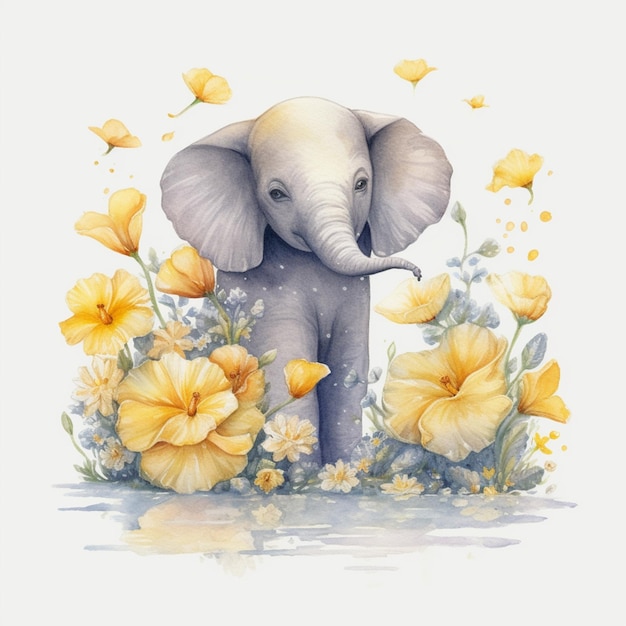 Un elefante in un campo di fiori