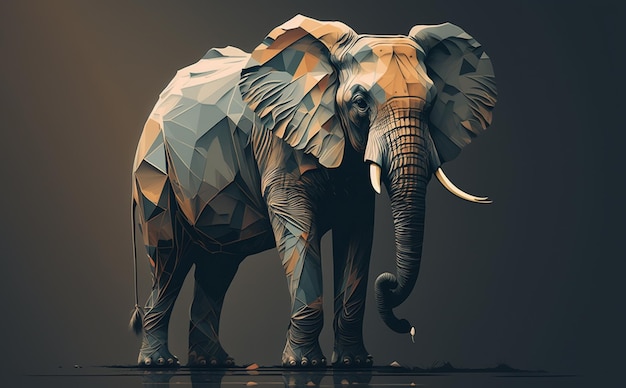 Un elefante low poly con una grande zanna.