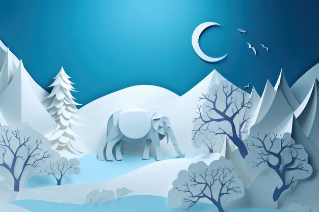 Un elefante nella neve con la luna sullo sfondo.