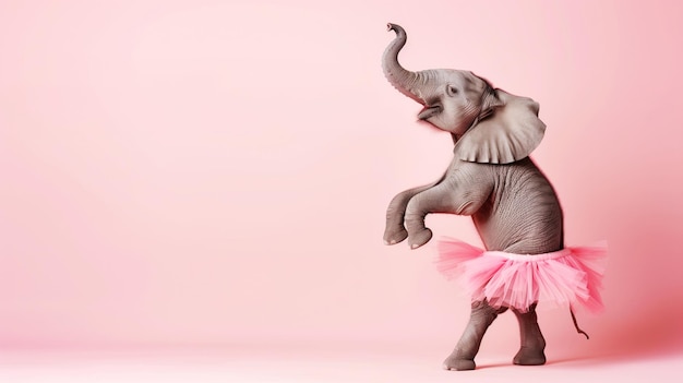 Un elefante rosa in un tutu rosa Elefante in gonna di ballerina che balla su uno striscione a sfondo rosa con spazio di copia