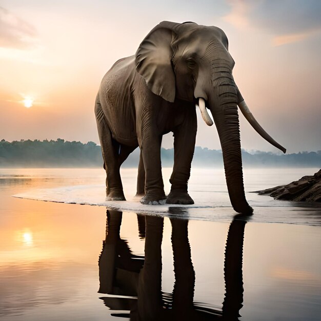 Un elefante sta camminando nell'acqua con il sole che tramonta dietro di lui.