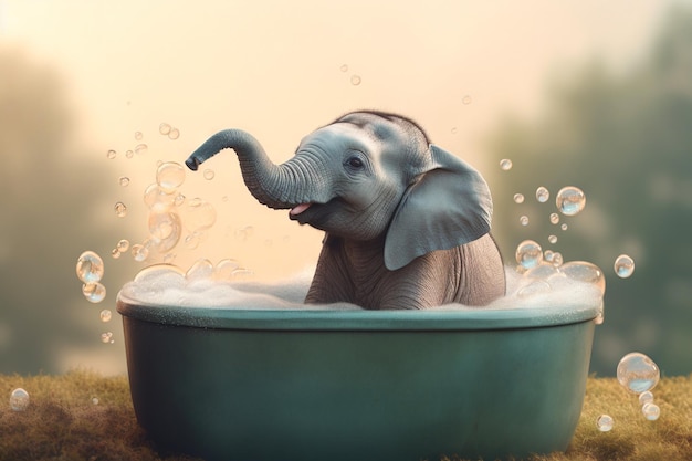 Un elefantino che fa il bagno con le bolle di sapone dentro