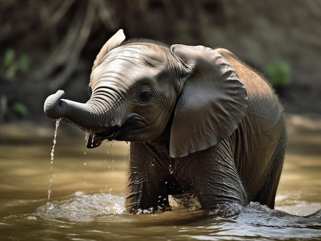 Un elefantino sta giocando nell'acqua.