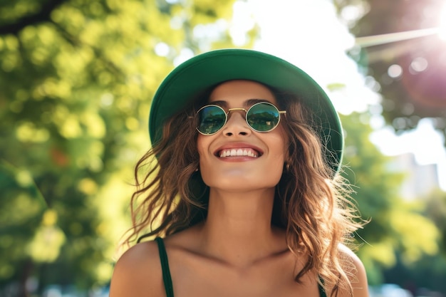 Un elegante abito verde che esprime fiducia e bellezza con una donna felice all'aperto