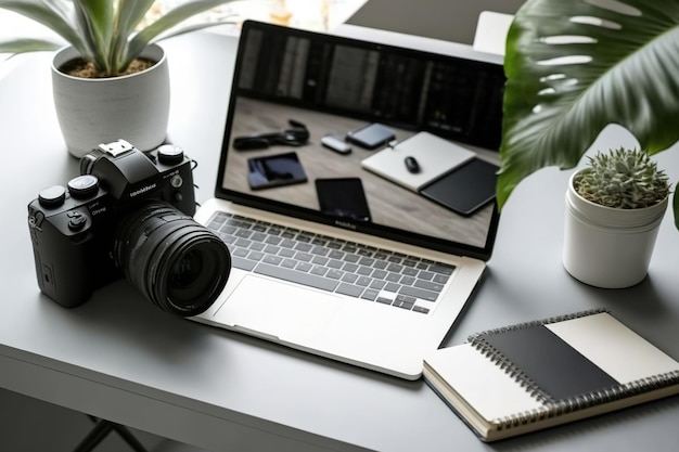 Un'elegante area di lavoro per fotografi professionisti con un laptop con uno schermo vuoto