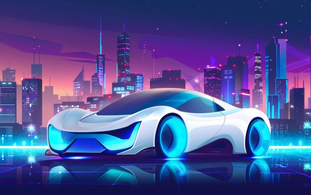 Un'elegante auto futuristica luccica sotto le luci al neon in un vivace paesaggio urbano cyberpunk che riflette vibrazioni high-tech e design urbano avanzato.