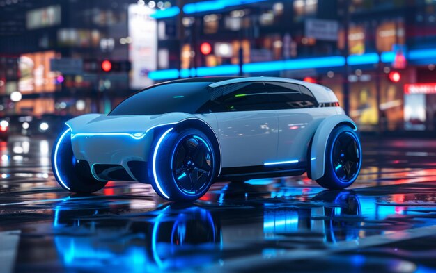 Un'elegante auto futuristica luccica sotto le luci al neon in un vivace paesaggio urbano cyberpunk che riflette vibrazioni high-tech e design urbano avanzato.