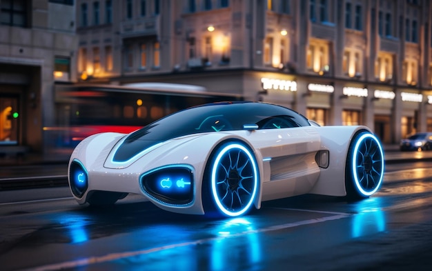 Un'elegante auto futuristica luccica sotto le luci al neon in un vivace paesaggio urbano cyberpunk che riflette vibrazioni high-tech e design urbano avanzato.