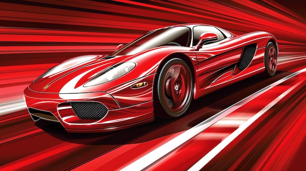 Un'elegante auto sportiva rossa accelera lungo una strada a righe rosse e bianche l'auto è sfocata mostrando la sua velocità