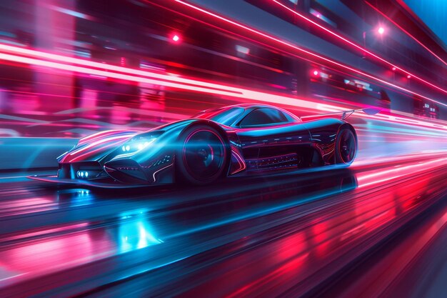 Un'elegante auto sportiva scende a velocità su una strada urbana circondata da luminose luci al neon