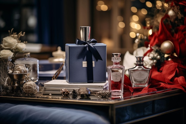 Un'elegante bottiglia di profumo su un tavolo con decorazioni rosse e blu un regalo di Natale adornato