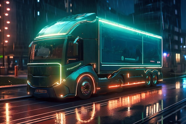 Un elegante camion carico di vetro alimentato da fonti di energia rinnovabile scivola attraverso la città del futuro consegnando merci con un impatto ambientale minimo