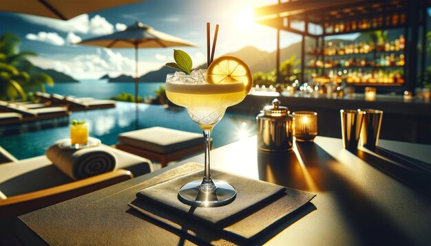 un elegante cocktail su un tavolo in un giardino che raffigura una serena notte estiva vicino alla piscina