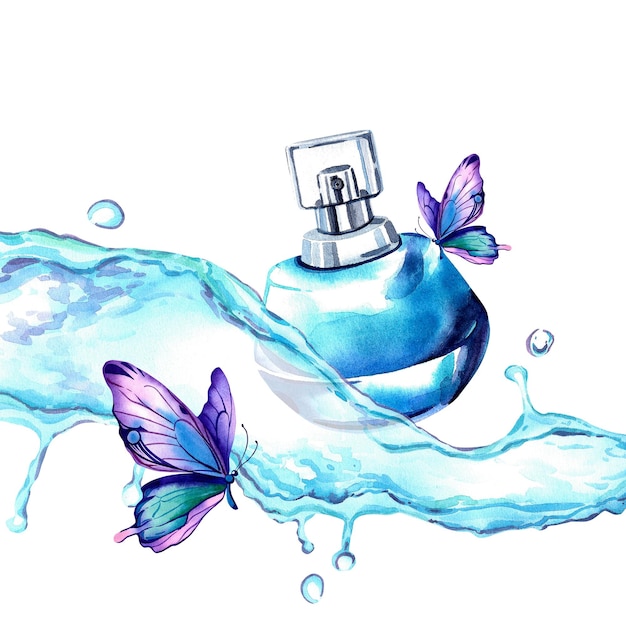 Un'elegante composizione di spruzzi di profumo di acqua blu e farfalle Morpho Liquido lucido Illustrazione ad acquerello su uno sfondo isolato Bellezza moda e salute Fragranza fresca