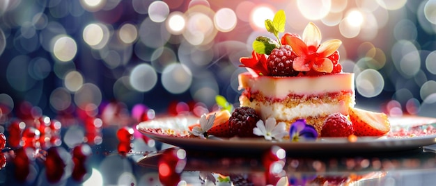 Un elegante dessert stratificato guarnito con fiori e frutta commestibili