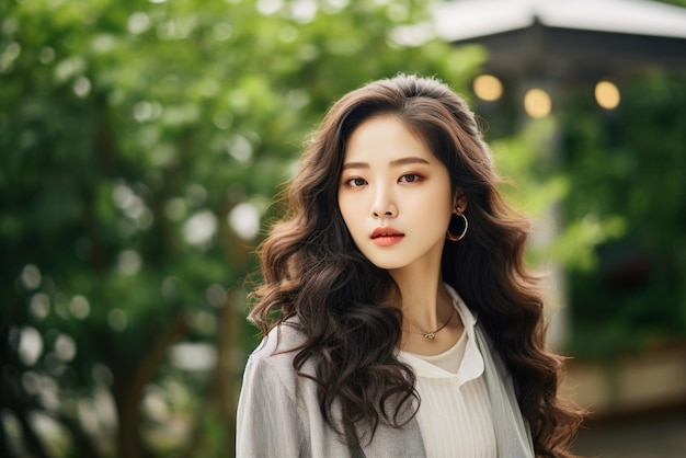 un'elegante donna coreana di moda giovane adulta in piedi all'aperto guardando fiduciosa