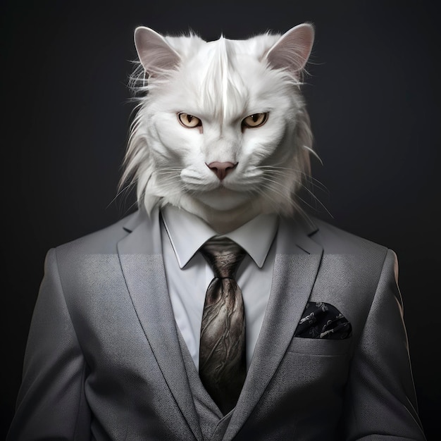 Un elegante gatto bianco vestito con un elegante abito e cravatta