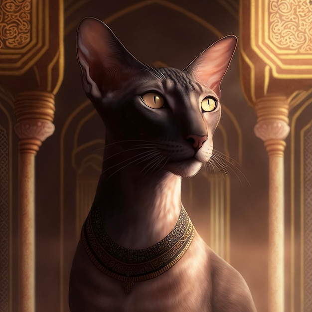 Un elegante gatto grigio orientale a pelo corto con occhi gialli in un ambiente incontaminato e costoso illustrazione 3D arte digitale