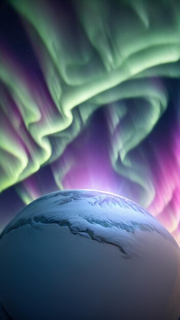 Un'elegante immagine di un pianeta con una brillante luce aurora sullo sfondo AI generativa