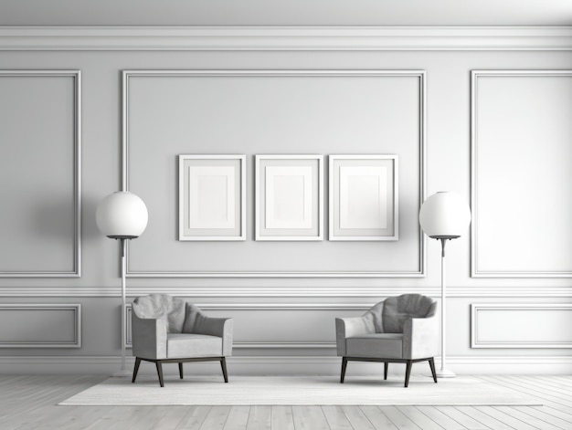 Un elegante interno con tre manifesti incorniciati due poltrone e lampade da pavimento su una parete a pannelli classica modello digitale moderno Generative AI