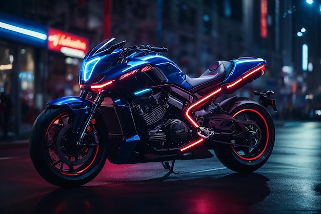 Un'elegante motocicletta futuristica con telaio blu neon e tubi di scarico rosso brillante che sfreccia a tutta velocità