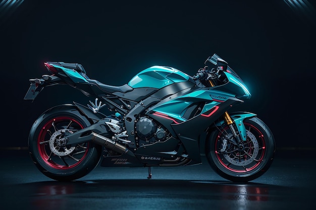 Un'elegante motocicletta futuristica con telaio blu neon e tubi di scarico rosso brillante che sfreccia a tutta velocità