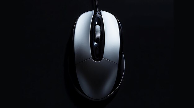 Un elegante mouse per computer d'argento e nero è isolato su uno sfondo nero