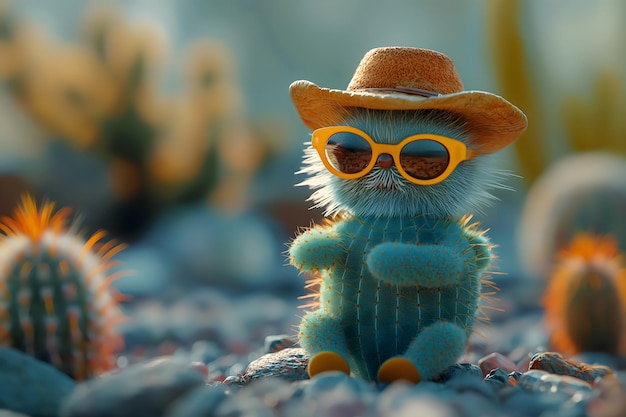 Un elegante personaggio di cactus che indossa un cappello e occhiali da sole nel deserto