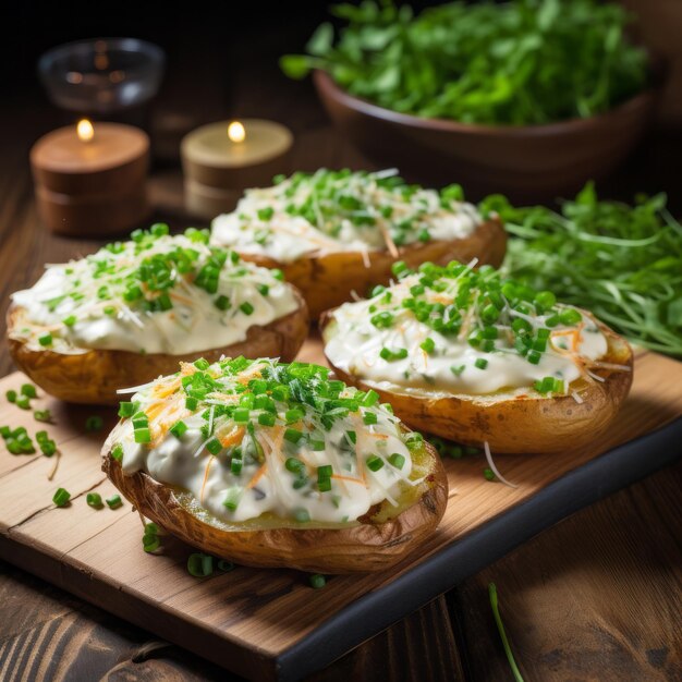 Un elegante portachiavi rustico su un tavolo di legno con patate al forno, yogurt greco e cipolle verdi a fette